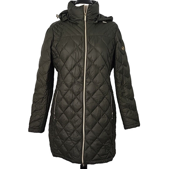 MICHAEL KORS Women's Coat Packable Down Fill Quilted Olive Green Hooded size L - Picture 1 of 8